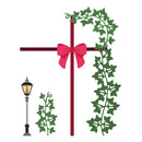 A stylized illustration of a dark red cross decorated with a bright pink bow and a green ivy vine wrapping around it, plus a small separate ivy sprig and a street lamp on a plain white background.