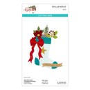 Spellbinders Paper Arts 'Old Fashioned Christmas Stocking' cutting dies set, featuring a festive die-cut design of a white stocking with a red bow, teal accents, green pine branches, a red poinsettia, and a gold star, with 'HOLIDAY JOY' written on a gold banner.
