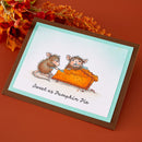 Card with illustration of two mice on pumpkin pie and 'Sweet as Pumpkin Pie' text, on a brown background with autumn leaves.