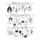 Three horizontal holiday-themed banner designs with black line-art illustrations hanging ornaments, a Christmas tree, stockings, candy cane, snowman, Santa, mittens, bird, holly, and text reading 'Sending Merry Little Wishes,' 'Decorate the Season with Joy,' and 'Holly Jolly Everything' on a white background.