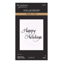Better Press Glennar Spellbinders Press + Foil paper art plate package, featuring a white card with the black cursive script 'Happy Holidays' on a black and gold box.