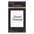 Packaging of Spellbinders press and foil with 'Season's Greetings' text on a white background