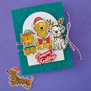 Christmas-themed card with cartoon dogs and cat on a purple background