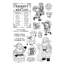 A sheet of black-and-white Christmas-themed stamp designs featuring Santa Claus, elves, a reindeer, gift boxes, and holiday phrases such as 'Naughty or Nice List,' 'Believe in your elf,' and 'Ho Ho Ho.'.