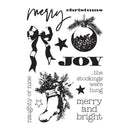 A sheet of black Christmas-themed text and illustration stamps on a white background, including phrases like 'Merry Christmas,' 'JOY,' 'the stockings were hung,' 'naughty or nice,' and 'merry and bright,' along with a bow, ornament, stocking, stars, and pine branches.