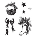 Black and white Christmas-themed graphic design elements on a white background, including a decorated ornament, three stars, a bow, and a Christmas stocking with pine branches.