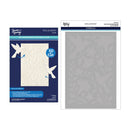 Spellbinders 3D Embossing Folder & Die set shown with its navy retail box on the left and the included stencil sheet on the right, both on a white background.