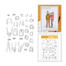 A clear stamp sheet and its packaging shown on a white background. The stamp features black line-art illustrations of faces, bodies, and clothing, with a sample printed design on the right showing a couple in winter clothes.