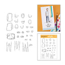 A sheet of clear stamps or embosser stamps shown alongside a sample card featuring a hand-drawn figure, with a paintbrush and colorful paint swatches nearby. The left side shows multiple black line-art body and face components arranged on a white background, and the right side shows a printed sample card on orange paper with a painted figure and the text 'one and only YOU'.