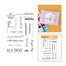 Clear stamp set sheet with multiple typographic and decorative phrases, shown alongside a decorated lavender card and a packaged stamp set on an orange background.