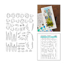 Two sheets of hand-drawn face and body sticker templates shown on a white background, alongside a small example card featuring a person illustration and a pen on a wooden surface.
