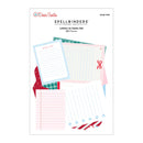 Spellbinders Paper Arts 'Letters to Santa' set, 50 pieces, featuring various pastel lined and blank letter templates with red bows and holiday patterns on a white background.