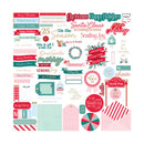 A sheet of Christmas-themed scrapbooking paper featuring various colorful text labels, tags, envelopes, and decorative elements in red, green, pink, and blue.
