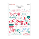 A sheet of Spellbinders Paper Arts Puffy Stickers featuring festive Christmas phrases and holiday-themed designs in pink, teal, and red on a white background.