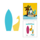 Two cut-out shapes resembling surfboards, a gnome figure with a surfboard, and a Spellbinders die-cutting guide on a white background.