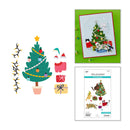 A collage showing a Christmas-themed card craft kit: a decorated tree illustration, string lights, Santa hats, gifts, and a finished layered card, alongside the printed kit cover/package on a white background.
