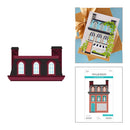 A craft die set shown on a white background, featuring a flat illustration of a building facade on the left and two product views on the right: a sample card stamped with the design and the package insert for Spellbinders' Die Set 1016.