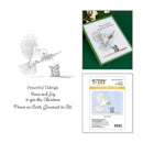 Clear stamp package and sample stamped artwork for 'Peaceful Tidings' by Happy Happy Designs. The left side shows a black-and-white illustration of a white dove carrying an olive branch and a small bird, with the text 'Peaceful Tidings Peace and Fox to you this Christmas Peace on Earth, Goodwill to All.