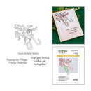 A collage showing a holiday seahorse stamp design, a sample greeting card with the stamped artwork, and the package front for a Spellbinders 'Sweet Holiday Wishes' clear stamp.