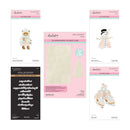 A collection of craft dies and embosser folders from Angelitos and Spellbinders, featuring winter-themed designs like a teddy bear, snowman, and ice skates on pink and white packaging.