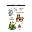 Spellbinders paper arts rub-ons with frog designs and text on a white background