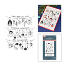 Three-panel product presentation for a craft kit: a large black-and-white line-art preview of holiday ornaments and seasonal illustrations, a finished sample card with colorful hanging ornaments and the text 'Sending Merry Little Wishes' and 'Decorate the Season with Joy', and the product packaging insert on a blue background.