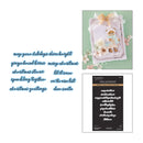A collage-style product image showing a handmade Christmas card on the top right, a black package of Spellbinders phrase stickers on the bottom right, and several blue phrase stickers displayed on the left against a white background.