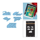 A collage showing a Christmas-themed card made with Spellbinders dies, alongside the individual die shapes and the packaged card set. The card features a storefront design with green awnings, red gift boxes, a red bow, and a snowy roof on a dark blue background.