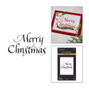 Merry Christmas card craft kit showing a sample decorated card with red and green holiday design, and the Spellbinders brand package on a white background.