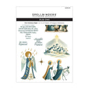Spellbinders Paper Arts Rub-Ons First Christmas Night sheet set, featuring illustrations of the Holy Family, angels, a star, and a Bethlehem village scene on a white background.