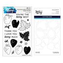 Set of Simon Hurley photopolymer stamps and Spellbinders cutting dies with berry-themed designs on a white background.