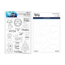A clear stamp sheet and a white cutting dies sheet from Snails of NY, featuring Christmas-themed illustrations and text such as 'Season's Treasures,' 'Merry,' 'Christmas,' 'Santa,' and 'Holiday.'.