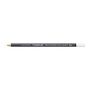 A Staedtler Mars Lumerograph colour aquarell pencil with a black barrel, white cap, and exposed white graphite tip, shown horizontally on a plain white background.