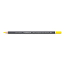 A Staedtler Mars Lumerograph colour aquarell drawing pencil with a black barrel, yellow tip, and yellow eraser cap, shown horizontally on a plain white background.