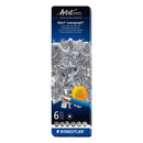 A tall, narrow metal package of Staedtler Artist Series Mars Lumograph 6-pack crayons, featuring a black and white map illustration on the front, with a blue-to-black gradient background and a small orange circle badge.