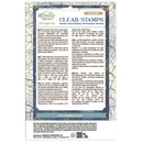 A printed card or booklet cover for clear stamps, with the title 'CLEAR STAMPS' at the top and multiple blocks of instructional text below. The design has a decorative border and appears to explain how to use or identify clear stamps, so this is best classified as an Instruction Diagram rather than a standard product photo.