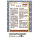 A printed instruction sheet titled 'Clear Stamps' from Silent Night Stamperia, showing bilingual English and Spanish instructions on how to use clear stamps, with a decorative gray patterned border and a tan central panel.