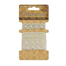 Spool of beige lace on a Stampperia branded card with decorative elements.