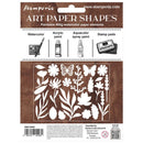 Stamperia Art Paper Shapes stencil kit on a brown and white backing card, featuring white metal cutouts of flowers, leaves, butterflies, and botanical motifs.