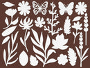 A set of white botanical and nature silhouettes, including flowers, leaves, branches, and butterflies, arranged on a solid dark brown background.