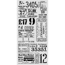 A sheet of black vintage-style ticket and transit stamp graphics on a white background, featuring text such as London Transport, British Railways, and Red Bus Rover.