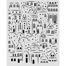 Pattern of black buildings and stars on a white background