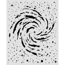 A black spiral galaxy stencil pattern with stars and dots on a light gray background.