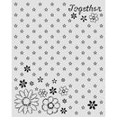 A square gray sheet or card printed with a repeating pattern of small black flowers and the word “Together” in black script at the top right, with larger floral motifs along the bottom.