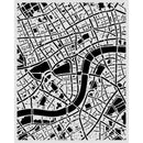 A black and white abstract city map print featuring a stylized street grid with a curved river-like path, shown against a light gray background.