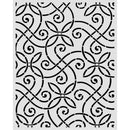 A black ornamental scroll and floral stencil pattern on a light gray background.