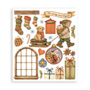 Collection of Christmas-themed illustrations including stockings, a dog on a sled, a boy with a gift, and decorative elements on a white background.