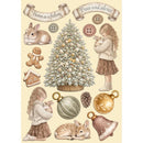 Decorative paper with Christmas-themed illustrations including a tree, girl with rabbit, and festive elements.