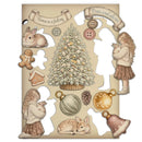 Decorative paper with Christmas-themed cutouts including a tree, children, animals, and decorative elements.