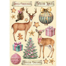 A Christmas-themed sticker sheet featuring watercolor illustrations of two deer, a small cat, a decorated Christmas tree, ornaments, stars, gift boxes, and banners reading 'Joyful Christmas', 'With Love', and 'Winter Dreams' on a cream background.